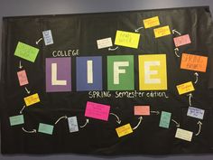 a bulletin board with sticky notes attached to it that says college life spring seminar attun