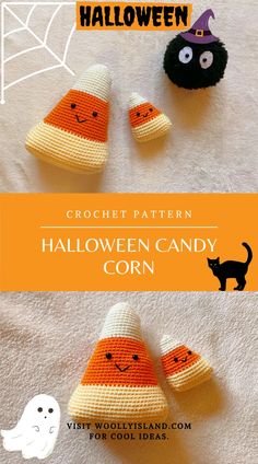 crochet pattern for halloween candy corn with ghost and spider on the top, and black cat sitting next to it