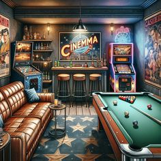 Experience ultimate leisure in a man cave designed with vintage accents, a pool table, large leather sofa, stocked bar and retro games. Embrace your inner rockstar with a guitar and drum set. #ManCave #HomeBar #Billiards #VintageGames #JamSession #HomeDesign Garage Man Cave Ideas Pool Table, Man Cave Shed With Pool Table, Pool Room, Billard Club Design, Snooker Parlour Interior, Pool Hall Ideas, Pool Table Arcade Room, Man Cave Shed