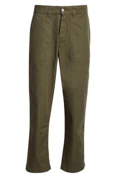 The British haberdasher draws inspiration from military-style fatigues in these herringbone-striped pants cut from a blend of cotton and linen. Zip fly with button closure Front slant pockets 78% cotton, 22% linen Machine wash, line dry Made in Portugal Designer Clothing Spring Military Workwear Pants, Spring Military Style Workwear Pants, Fatigue Pants, Fabric Gift Bags, Military Style, Nordstrom Store, Fabric Gifts, Free Fabric, Striped Pants