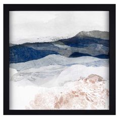 an abstract painting with blue and white mountains in the background, framed on a wall