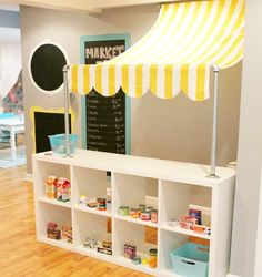 the inside of a children's playroom with toys and bookshelves on display