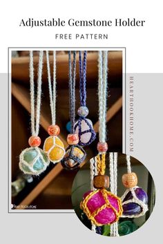 an image of some colorful beads hanging from a rack with the words, adjustable gemstone holder free pattern