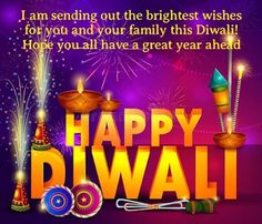 happy diwali greeting card with colorful fireworks and lights on purple background for diwali