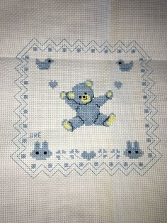 a blue teddy bear on a white background with birds and hearts in the center is shown