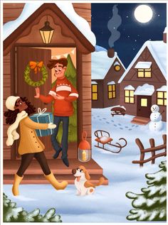 a painting of two people opening a christmas door