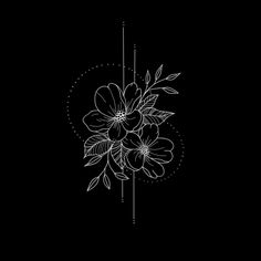 a black and white drawing of flowers on a dark background with lines in the middle