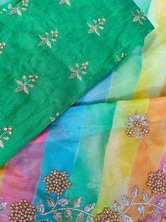 Rainbow color organza saree with embroidery cut work in pearls Comes with blouse piece Transparent Organza Saree With Embroidery, Embroidery Work Saree, Organza Embroidery, Organza Saree, Work Sarees, Rainbow Color, Cut Work, Embroidery Work, Blouse Piece