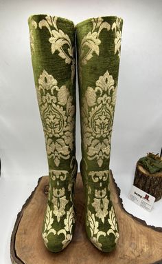 This is genuine leather made to order very chic green boots.  İnterior lining is natural leather. Outside lining is special tapestry.  There is heel approx. 4 inches. Custom made. İf you need wider calf please send us your calf circle measure from widest part.  Knee high boots. ( For same boots longer or shorter please messages me ) We have door to door express shipping.  For wholesale and other questions please contact with us.  bemyboots.etsy.com Thank You Funky Heels Unique, Unique Cowboy Boots, Interesting Boots, Green Knee High Boots, Funky Boots, Colorful Boots, 70s Boots, Green Tapestry, Unique Boots