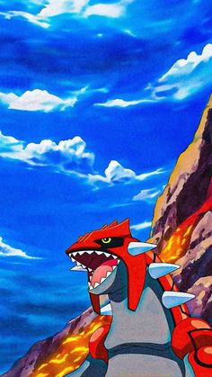 an animated image of a red and gray monster with its mouth open in front of a blue sky