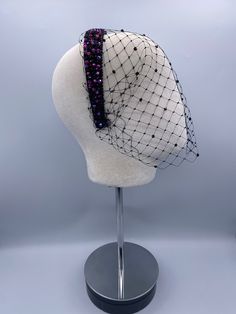 Beautifully made black short birdcage veil with added sparkling purple & black diamantés attached by a thick black velvet headband encrusted with purple & black diamantés (singularly placed) for that effortless, stunning minimal bridal style.  Short bridal veil. Wedding accessories bridal headpiece. Funeral style. Gothic bling. Comfortable and a great piece & addition for all your celebrational looks.  Simple, elegant, delicately sparkling and glamorous ... Bespoke Headpieces for all your occasi Adjustable Purple Headpiece For Evening, Elegant Purple Headband For Evening, Adjustable Purple Headband For Evening, Short Veils Bridal, Short Veil, Minimalist Bride, Birdcage Veil, Velvet Headband, Bridal Veil