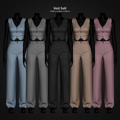 four different colored jumpsuits are shown in this image