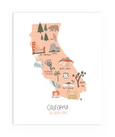 the california state map is shown in pink and white with an illustrated image of trees, mountains, and other things