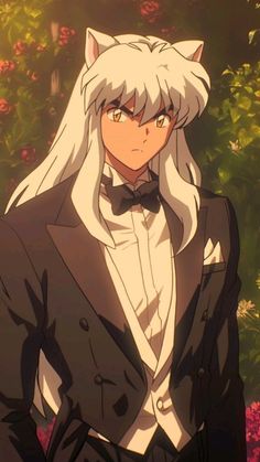 an anime character with white hair wearing a suit and bow tie, standing in front of flowers