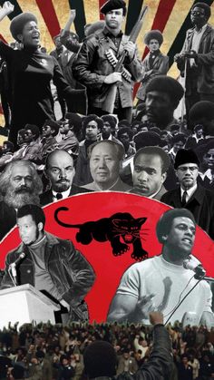 a collage of black and red images with men in the middle one has a lion on it