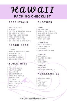 A text based checklist of what to pack for Hawaii. The headline says, Hawaii packing checklist and the categories underneath say, essentials, beach gear, toiletries, clothes, and accessories. Packing For Hawaii, What To Wear In Hawaii, Pack For Hawaii, Vacation Prep, Hawaii Trip Planning, Hawaii Packing List, Hawaii Packing, Oahu Beaches, Oahu Travel