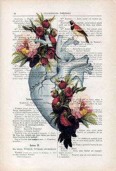 an image of a heart with flowers and birds on it's side, surrounded by words