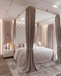 a bedroom with four poster bed and beige drapes on the walls, along with two nightstands