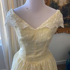 Questions? Leave A Comment Below! This Gorgeous. Light Yellow Sundress With Eyelet Flower Detailing. Very Spring Summer Light And Twirly Was Going To Do A Belle Dapper Day But Sadly Won’t Be Going This Year. I Am A True Small Size 4 And This Was A Little Big On Me I Was Planning To Adjust But Vintage Mediums Are Hard To Come By So I Hope This Works For Someone. I Would Say A Size Medium Vinatge Dress, Yellow Sundress, Dapper Day, 1940s Dresses, Light Summer, Inspired Dress, Day Dress, Vintage Yellow, Yellow Dress