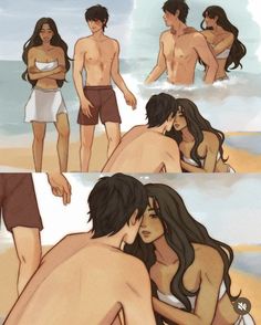 two people are kissing on the beach while another person is standing next to them with long hair