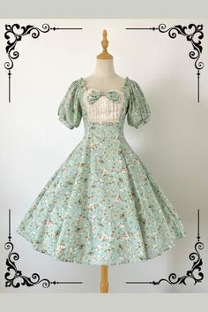 Cute Summer Vintage Dress With Lace Trim, Cute Vintage Summer Dress With Lace Trim, Cute Vintage Dress With Lace Trim For Summer, Cute Green Square Neck Dress, Cottagecore Ditsy Floral Print Puff Sleeve Dresses, Cottagecore Dresses With Ditsy Floral Print And Puff Sleeves, Cottagecore Puff Sleeve Dress With Ditsy Floral Print, Fitted Doll Collar Summer Dress, Fitted Summer Dress With Doll Collar