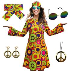 PRICES MAY VARY. 【Package Included】6 Pieces Set of hippie costume accessories - 1 hippie dress, 1 cosplay sunglass, 1 headband, 1 peace sign necklace and 1 pair peace sign of earrings. A perfect outfit set for 60s 70s 80s retro parties, you deserve it. Comfortable Material: The hippie disco dress is made of polyester and spandex fabric, it is soft, stretchy, lightweight, breathable, make you feel comfortable and show your curve. The necklace and earrings are made of premium plastic with peace si Hippie Multicolor Party Dresses, Retro Multicolor Festival Dress, Multicolor Bohemian Costume Dress, Bohemian Multicolor Costume Dress, Hippie Costume Halloween, 60s Party, Festival Mode, Peace Sign Necklace, Hippie Dress