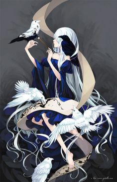 a woman sitting on top of a bird next to two white birds in front of her