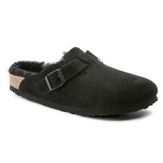 Boston Shearling Suede Leather Black | BIRKENSTOCK Boston Shearling, Birkenstock Boston Shearling, Black Birkenstock, Black Clogs, Suede Clogs, Birkenstock Women, Black Slippers, Slide Slippers, Birkenstock Boston