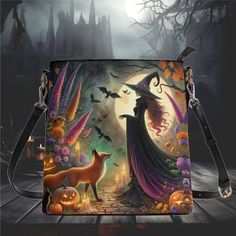 a handbag with an image of a witch and her fox in the woods at night