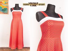 Superb 70s maxi dress - red and white polka dot strap dress with accented bust part. Has zipper and hook on the back. Fabric is tagged as polyester, it is crimped jersey polyester, so called crimplene, semi thick, a bit stretchable. Has fitted bodice and full length  skirt.  The producer is Leygil, London, made in England.  CONDITION The dress is in good condition, there are no holes or stains. SIZE: tagged as EU40, or for bust 102 cm / 40", but  the dress was a bit too tight for our model with  bust 99 cm / 39", I suggest the dress for Medium size,  PLEASE, read the measurements carefully! Our dummy Mathilda is a Large / Extra large with bust 99 cm / 39, hips 105 cm / 41", waist 78 cm / 30.5", all was ok, except the bust was a bit too tight MEASUREMENTS  Length:  144 cm / 56.5"  Bust : 94 Full Length Skirt, 70s Maxi Dress, Full Length Skirts, Maxi Robes, Strap Dress, Dress Sleeveless, Dress Red, Fitted Bodice, Dress Clothes For Women