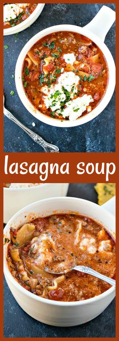 lasagna soup in a white bowl with spoons