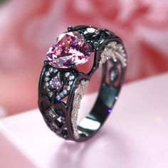 Women's Angel Wing Ring Pink Heart Shaped Engagement Ring# Cdr062, New With Tag, No Box. Metalsterling Silver Ring Colorblack Stonecubic Zirconia Main Stone Size9.0mm*9.0mm Main Stone Carat3.00ct Gemstone Shapeheart Gemstone Colorpink Gemstone Cut3ex Gemstone Clearvvs1 Jewelry Platingrhodium Plated Heart Shaped Engagement Ring, Pink Heart Ring, Pink Heart Rings, Heart Shaped Engagement Rings, Wing Ring, Angel Wing Ring, Silver Angel Wings, Engagement Ring Shapes, Pink Ring