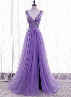 Purple Beaded V-neckline Tulle Sparkle Party Dress Evening Dress, Purp – BeautyDressy Purple Prom Dress Long Fitted, Purple Pageant Gowns, Purple Tulle Prom Dress, Purple Prom Dresses Long, Sparkle Party Dress, Prom Dress Purple, Purple Tulle, Sparkle Party