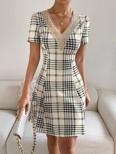 Elegant Lace Stitching Casual Plaid Puff Sleeve A-line Fashion Slim V Neck Dress V Neck Dress, Puff Sleeve, Sleeve Styles, Neck Dress, A Line, Stitching, Slim Fit, Plaid, V Neck