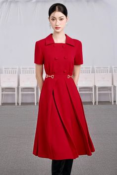 Ribbon A-line Box Pleated Cotton Midi Dress | MEAN BLVD Classic A-line Midi Dress With Box Pleat, Classic A-line Midi Dress With Pleated Waist, Classic A-line Dress With Box Pleat, A-line Midi Dress With Box Pleat For Office, Classic A-line Belted Dress For Formal Occasions, Red Evening Dress With Pleated Waist, Red Formal Dress With Pleated Waist, Evening Red Dress With Pleated Waist, Formal Midi-length Pleated Dress With Box Pleat