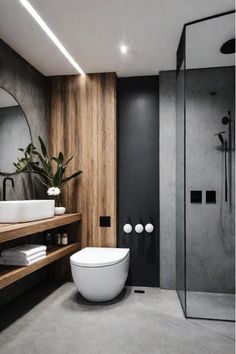 Minimalist bathroom with a natural stone countertop and a floating wood vanity Concrete Texture Bathroom, Modern Scandinavian Bathroom Design, Concrete And Wood Bathroom, Cement Bathroom Ideas, Black And Wood Bathroom, Black Wood Bathroom, Hawaii Bathroom, Concrete Bathroom Design, Basement Laundry Room Makeover