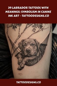 Detailed black and gray tattoo of a Labrador retriever resting in a hammock on a person's arm. Emotional Connection