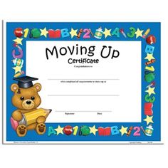 a certificate with a teddy bear holding a book and stars around it, on top of a blue background