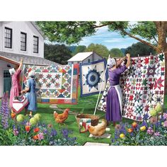 two women hanging out their quilts in the yard with chickens and roosters nearby