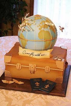 a cake made to look like an old suitcase with a globe on top