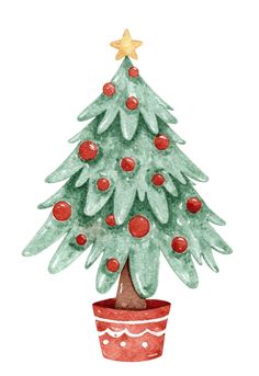 a watercolor painting of a christmas tree in a pot with red berries on it