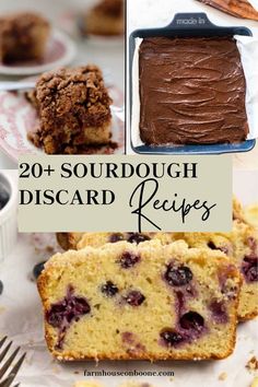 some desserts that are sitting on top of each other with the words, 20 sourdough discard recipes