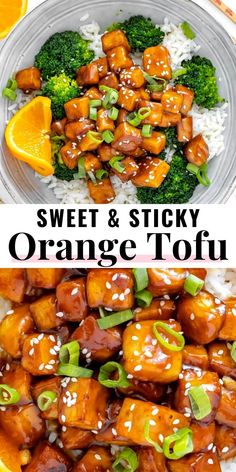 sweet and sticky orange tofu is served on rice with broccoli