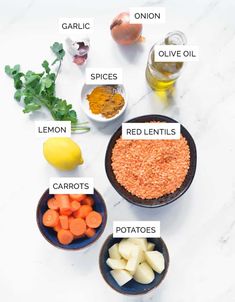 the ingredients to make this recipe include carrots, onions, garlic, lemon, and red lentils