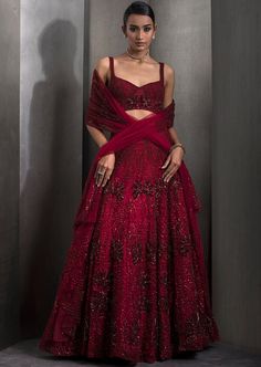 Fully embellished lehenga with floral and geometric artwork embellished with tonal sequins and crystal. Red Modern Lehenga, Deep Red Lehenga, Dresses For Indian Wedding, Modern Lehenga, Red Lengha, Embellished Lehenga, Latest Bridal Lehenga Designs, Lehenga Bridesmaid, Wedding Fits