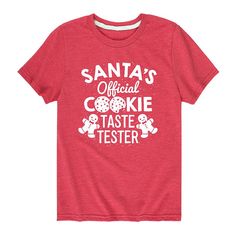 Add cool style to his wardrobe with this Boys 8-20 Santas Cookie Taste Tester Tee. Add cool style to his wardrobe with this Boys 8-20 Santas Cookie Taste Tester Tee. Crewneck Short sleevesFABRIC & CARE Solid colors: cotton - Heather colors: cotton/polyester Machine wash Imported Size: Large. Color: Red. Gender: male. Age Group: kids. Pattern: Graphic. Material: Polyester|Cotton Blend|Cotton. Santa Cookies, Kids Pattern, Boy Tees, Pattern Graphic, Kid Tees, Brand Names, Cool Style, Tee Shirts, Size Chart