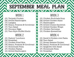 a green and white chevroned menu with the words,'september meal plan '