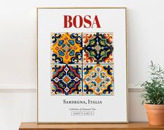 a poster on a shelf with a potted plant next to it and the words bosa written in spanish