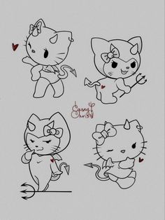 four different kinds of cartoon cats with hearts on their chest and tails, all in various poses