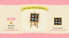 an animal crossing character is standing in front of a wooden easel with a menu on it